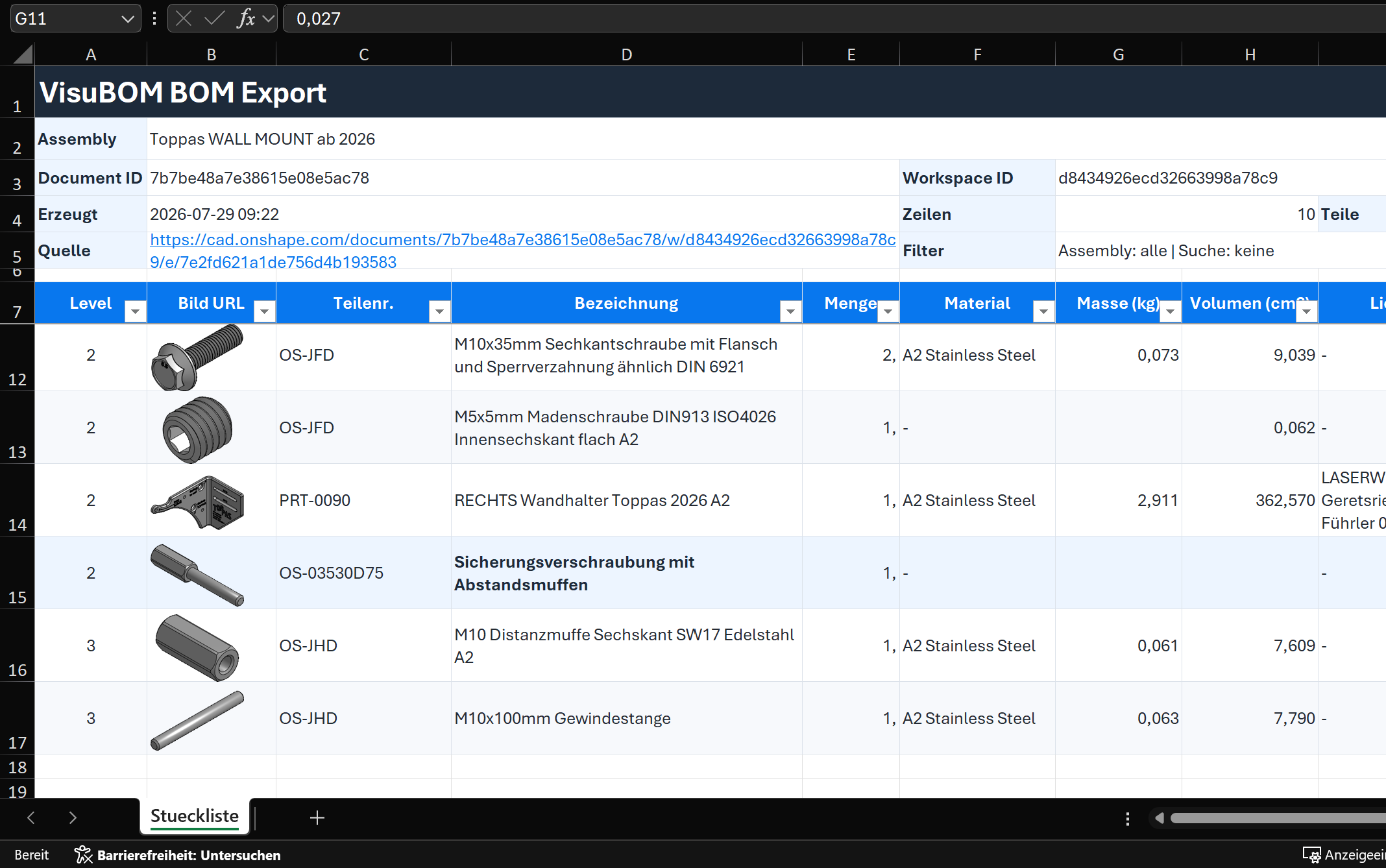 Detailed VisuBOM Excel export showing nested BOM levels and part thumbnails.